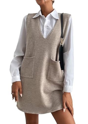 shownicer Kleider Damen Tank Pulloverkleid Ärmelloses Strickkleid V-Ausschnitt Einfarbige Winterkleid Lässige Sweaterkleid Locker Freizeitkleid mit Taschen A Aprikose S von shownicer