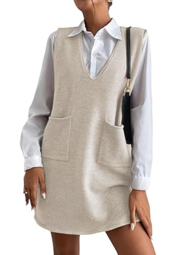shownicer Kleider Damen Tank Pulloverkleid Ärmelloses Strickkleid V-Ausschnitt Einfarbige Winterkleid Lässige Sweaterkleid Locker Freizeitkleid mit Taschen A Beige M von shownicer