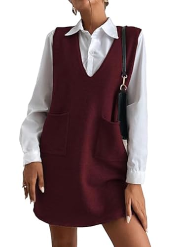 shownicer Kleider Damen Tank Pulloverkleid Ärmelloses Strickkleid V-Ausschnitt Einfarbige Winterkleid Lässige Sweaterkleid Locker Freizeitkleid mit Taschen A Rot M von shownicer
