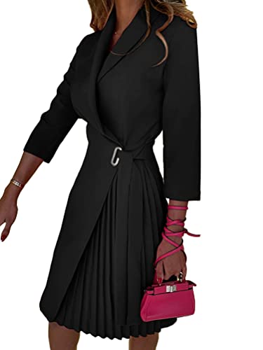 shownicer Kleider Damen V-Ausschnitt Midi Langarm Cocktailkleid A-Linie Knielang Kleider Vintage Faltenrock Wickelkleid mit Gürtel A Schwarz01 S von shownicer