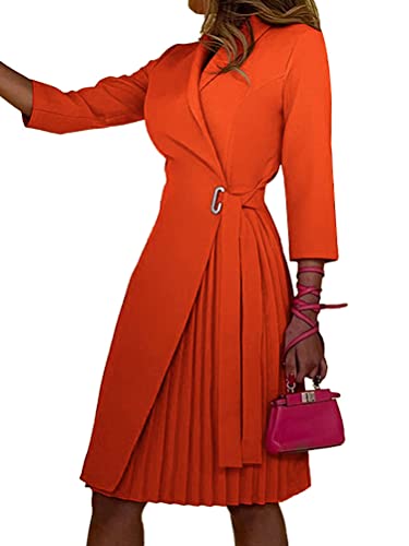 shownicer Kleider für Damen V-Ausschnitt Midi Langarm Cocktailkleid A-Linie Knielang Kleider Vintage Faltenrock Wickelkleid mit Gürtel A Orange XXL von shownicer