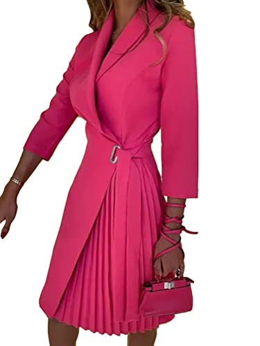 shownicer Kleider für Damen V-Ausschnitt Midi Langarm Cocktailkleid A-Linie Knielang Kleider Vintage Faltenrock Wickelkleid mit Gürtel A Rosa XXL von shownicer