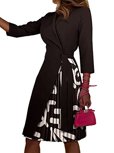 shownicer Kleider für Damen V-Ausschnitt Midi Langarm Cocktailkleid A-Linie Knielang Kleider Vintage Faltenrock Wickelkleid mit Gürtel A Schwarz03 XXL von shownicer