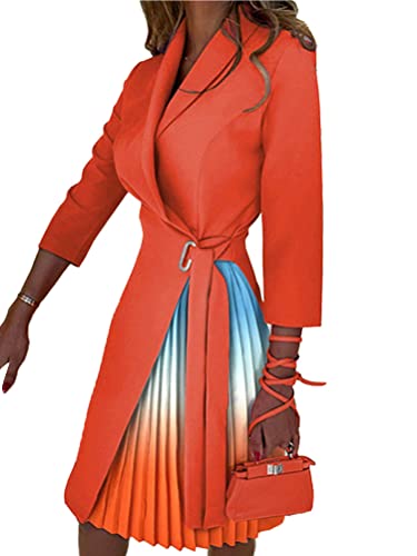 shownicer Kleider für Damen V-Ausschnitt Midi Langarm Cocktailkleid A-Linie Knielang Kleider Vintage Faltenrock Wickelkleid mit Gürtel B Orange L von shownicer