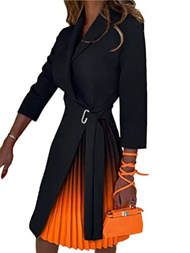 shownicer Kleider für Damen V-Ausschnitt Midi Langarm Cocktailkleid A-Linie Knielang Kleider Vintage Faltenrock Wickelkleid mit Gürtel B Schwarz-Orange L von shownicer