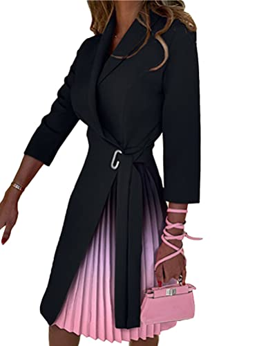 shownicer Kleider für Damen V-Ausschnitt Midi Langarm Cocktailkleid A-Linie Knielang Kleider Vintage Faltenrock Wickelkleid mit Gürtel B Schwarz-Rosa M von shownicer