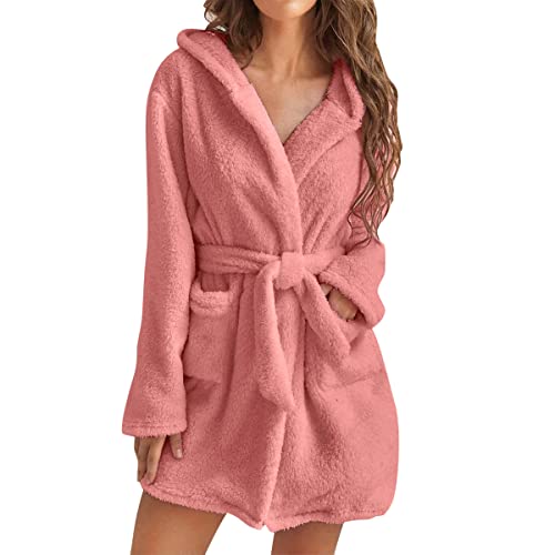 shownicer Kurz Bademantel Damen Flauschig Morgenmantel mit Kapuze Hausmantel Frotteemantel Leichter Weicher Plüsch Nachthemd Nachtwäsche Bathrobe Geschenk für Frauen A Rosa XS von shownicer