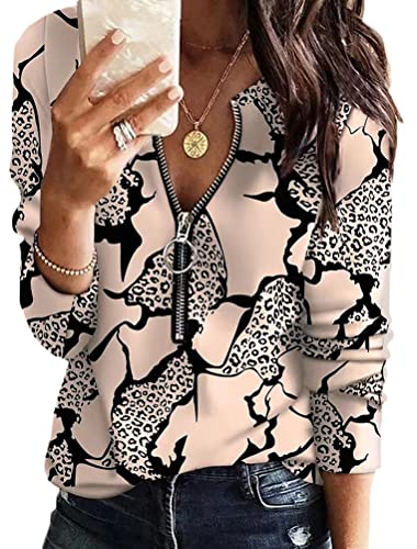 shownicer Lässige Modedrucke Langarmshirt Damen V-Ausschnitt Oberteile mit Reißverschluss Casual Loose T-Shirt Tops Elegant Langarm Sweatshirt Pullover Bluse A Style01 M von shownicer