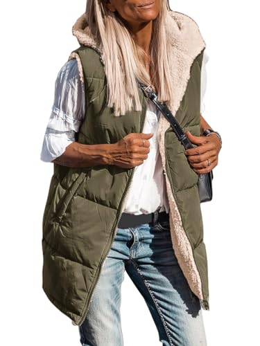 shownicer Lang Jacke Weste Damen Reversibel Sherpa Fleece Lang Wendeweste mit Kapuze Winter Warm Ärmellos Gefüttert Westen Fleeceweste Plüschweste Outwear Daunenweste A Armeegrün L von shownicer