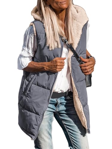 shownicer Lang Jacke Weste Damen Reversibel Sherpa Fleece Lang Wendeweste mit Kapuze Winter Warm Ärmellos Gefüttert Westen Fleeceweste Plüschweste Outwear Daunenweste A Grau 3XL von shownicer