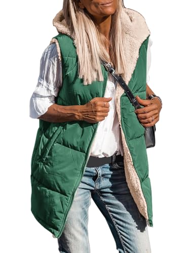 shownicer Lang Jacke Weste Damen Reversibel Sherpa Fleece Lang Wendeweste mit Kapuze Winter Warm Ärmellos Gefüttert Westen Fleeceweste Plüschweste Outwear Daunenweste A Grün L von shownicer