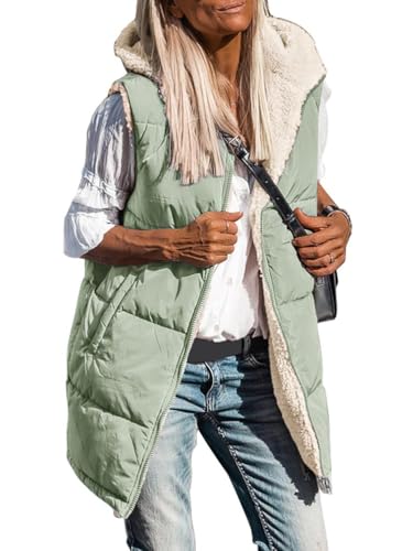 shownicer Lang Jacke Weste Damen Reversibel Sherpa Fleece Lang Wendeweste mit Kapuze Winter Warm Ärmellos Gefüttert Westen Fleeceweste Plüschweste Outwear Daunenweste A Hellgrün XL von shownicer