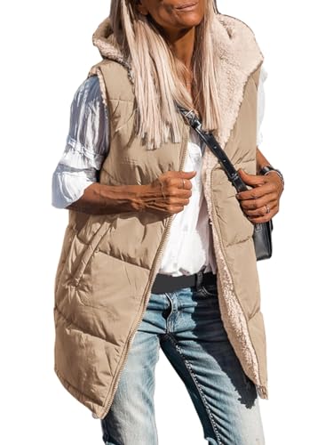 shownicer Lang Jacke Weste Damen Reversibel Sherpa Fleece Lang Wendeweste mit Kapuze Winter Warm Ärmellos Gefüttert Westen Fleeceweste Plüschweste Outwear Daunenweste A Khaki M von shownicer