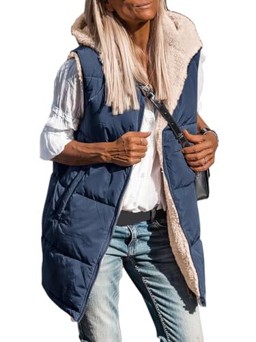 shownicer Lang Jacke Weste Damen Reversibel Sherpa Fleece Lang Wendeweste mit Kapuze Winter Warm Ärmellos Gefüttert Westen Fleeceweste Plüschweste Outwear Daunenweste A Marine S von shownicer