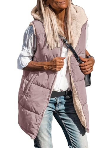 shownicer Lang Jacke Weste Damen Reversibel Sherpa Fleece Lang Wendeweste mit Kapuze Winter Warm Ärmellos Gefüttert Westen Fleeceweste Plüschweste Outwear Daunenweste A Rosa XL von shownicer