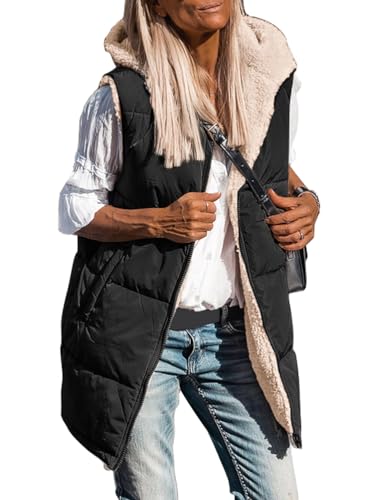 shownicer Lang Jacke Weste Damen Reversibel Sherpa Fleece Lang Wendeweste mit Kapuze Winter Warm Ärmellos Gefüttert Westen Fleeceweste Plüschweste Outwear Daunenweste A Schwarz L von shownicer