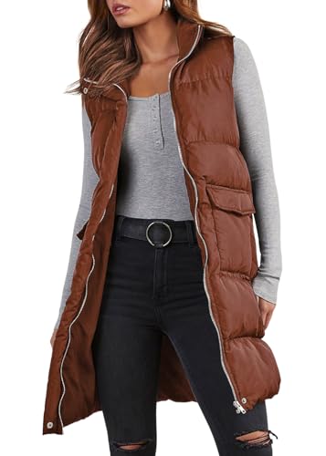 shownicer Lang Weste Damen Ärmellos Weste Outdoor Einfarbig Herbst Lange Steppweste Leichte Daunenweste Elegant Übergangsweste Reißverschluss Locker Longweste mit Taschen A Dunkelbraun XL shownicer Lang Weste Damen Ärmellos Weste Outdoor Einfarbig Herbst Lange Steppweste Leichte Daunenweste Elegant Übergangsweste Reißverschluss Locker Longweste mit Taschen A Dunkelbraun XL von shownicer