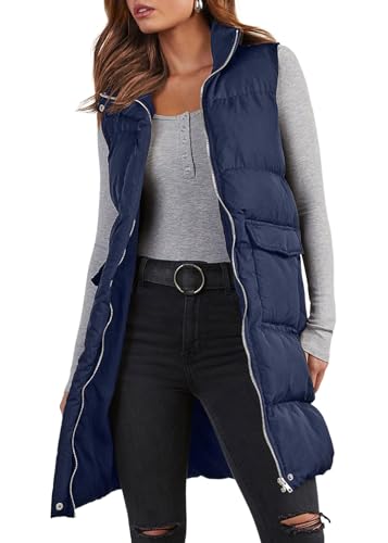 shownicer Lang Weste Damen Ärmellos Weste Outdoor Einfarbig Herbst Lange Steppweste Leichte Daunenweste Elegant Übergangsweste Reißverschluss Locker Longweste mit Taschen A Marine XL von shownicer