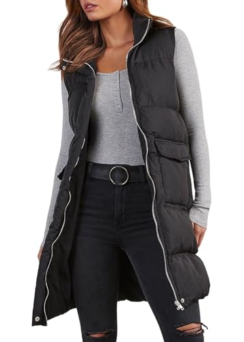 shownicer Lang Weste Damen Ärmellos Weste Outdoor Einfarbig Herbst Lange Steppweste Leichte Daunenweste Elegant Übergangsweste Reißverschluss Locker Longweste mit Taschen A Schwarz L von shownicer