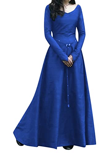 shownicer Lange Kleider Damen Vintage Retro Gothic Langarm Festlich Halloween Party Mittelalter Kleid Abendkleider Cosplay Kostüm Maxikleid A Blau 3XL von shownicer