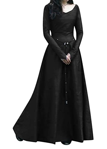 shownicer Lange Kleider Damen Vintage Retro Gothic Langarm Festlich Halloween Party Mittelalter Kleid Abendkleider Cosplay Kostüm Maxikleid A Schwarz 3XL von shownicer