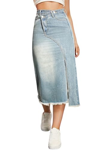 shownicer Langer Damen Jeansrock A-Linie Mit Seitlichem Schlitz Und Hoher Taille Unregelmäßig Geknöpfter Midirock B1 Hellblau XL von shownicer