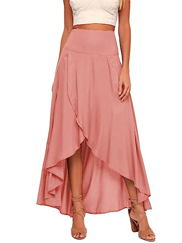 shownicer Langer Rock Damen Sommer Elegant Hohe Taille Elastische Wickelrock Einfarbig A-Linie Unregelmäßigem Saum Lang Rock Maxirock mit Schlitz A Rosa M von shownicer