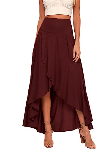 shownicer Langer Rock Damen Sommer Elegant Hohe Taille Elastische Wickelrock Einfarbig A-Linie Unregelmäßigem Saum Lang Rock Maxirock mit Schlitz A Rot M von shownicer