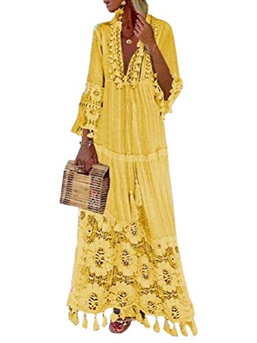 shownicer Langes Kleid Damen 3/4 Ärmel Floral Spitzenkleid Sommerkleider V-Ausschnitt Strandkleid Boho Vintage Party Maxikleid Gelb M von shownicer