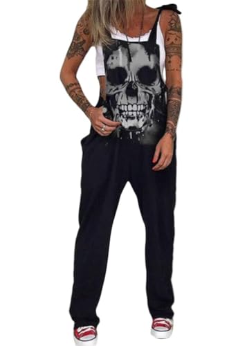 shownicer Latzhose Damen Baggy Latzhose Jumpsuit Casual Skull Print Retro Overalls Lose Hose Loose Fit Overall Rompers A Schwarz XL von shownicer