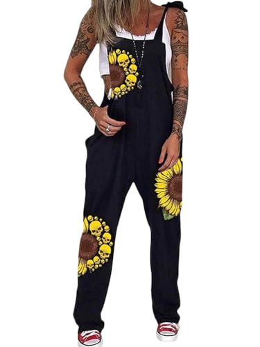 shownicer Latzhose Damen Baggy Latzhose Jumpsuit Casual Skull Print Retro Overalls Lose Hose Loose Fit Overall Rompers E Schwarz01 L von shownicer