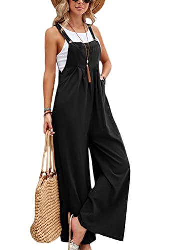 shownicer Latzhose Damen Jumpsuit Retro Overalls Elegant Arbeit Hose Lange Breites Bein mit Taschen A Schwarz L von shownicer