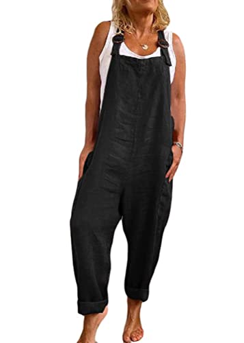 shownicer Latzhose Damen Jumpsuit Retro Overalls Elegant Arbeit Hose Lange Breites Bein mit Taschen Schwarz XL von shownicer