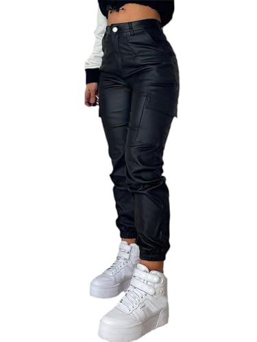 shownicer Legging PU Damen Mode Cargohose Schlanke Hose Mit Taschen Freizeithose Casual Elastische Stretch Elegante Hosen Streetwear A Schwarz M von shownicer