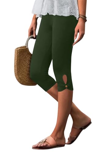 shownicer Leggings Damen 3/4 Leggings Damen Sommer Sport Jogginghose High Waist Sporthose Einfarbig Sportleggins Taille Yogahose Casual Slim Fit Caprihosen A Armeegrün XXL von shownicer