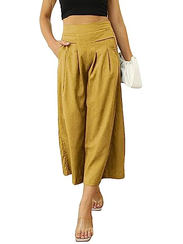 shownicer Leichte Hose Damen Sommer Hosenrock Palazzo Hose Ladies Weites Bein Hose High Waisted mit Elastischem Bund Lang Sommerhose A Gelb M von shownicer