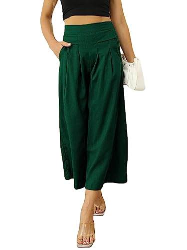 shownicer Leichte Hose Damen Sommer Hosenrock Palazzo Hose Ladies Weites Bein Hose High Waisted mit Elastischem Bund Lang Sommerhose A Grün L von shownicer