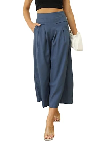 shownicer Leichte Hose Damen Sommer Hosenrock Palazzo Hose Ladies Weites Bein Hose High Waisted mit Elastischem Bund Lang Sommerhose A Marine L von shownicer