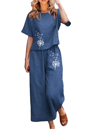 shownicer Leinen Zweiteiler Damen Hose und Kurzarm Top Sommer 2-Teiliges Hosenanzug Drucken Set Elegant Freizeitanzug Casual Top und Weite Beine Hose Outfit E Blau M von shownicer