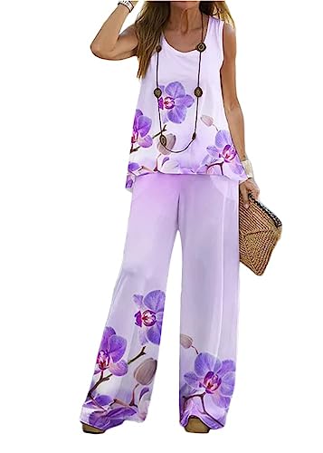 shownicer Leinen Zweiteiler Damen Hose und Tank Top Frauen 2 Teiler Anzug Elegant Set Sommer Freizeitanzug Casual Leinenanzug Outfit C Violett XXL C Violett XXL von shownicer