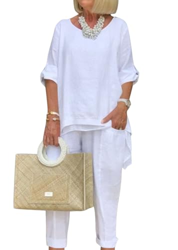 shownicer Leinenanzug Damen Elegant Freizeitanzug Sommer Leinen Zweiteiler Outfit Hose und Langarm Top 2 Teiler Anzug Set Casual Rundhals Einfarbig Hosenanzug F Weiß L von shownicer