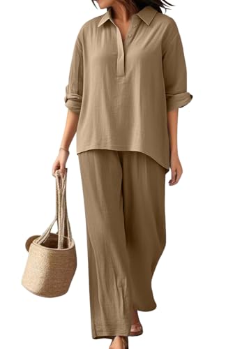 shownicer Leinenanzug Damen Freizeitanzug Sommer Leinen Zweiteiler Outfit Kurzarm Bluse Und Hose 2 Teiler Anzug Set Casual V Ausschnitt Einfarbig Hosenanzug A Khaki XXL von shownicer
