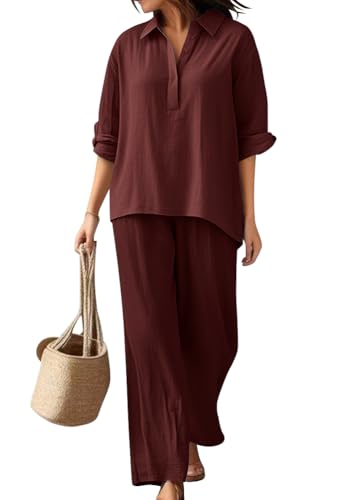 shownicer Leinenanzug Damen Freizeitanzug Sommer Leinen Zweiteiler Outfit Kurzarm Bluse Und Hose 2 Teiler Anzug Set Casual V Ausschnitt Einfarbig Hosenanzug A Rot XXL von shownicer