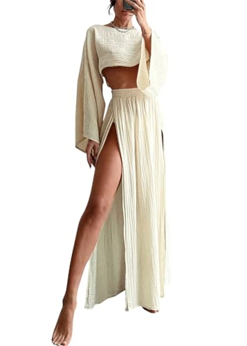 shownicer Leinenanzug Damen Leinen Zweiteiler Outfit Lounge Set Langarm Oberteil und Lange Rock 2 Teiler Anzug Set Freizeitanzug Casual Strand Outfits A Aprikose M von shownicer