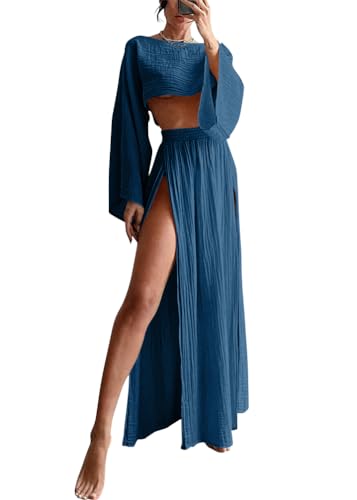 shownicer Leinenanzug Damen Leinen Zweiteiler Outfit Lounge Set Langarm Oberteil und Lange Rock 2 Teiler Anzug Set Freizeitanzug Casual Strand Outfits A Blau 3XL von shownicer