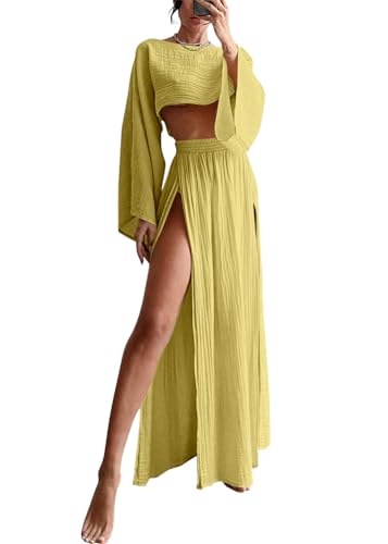 shownicer Leinenanzug Damen Leinen Zweiteiler Outfit Lounge Set Langarm Oberteil und Lange Rock 2 Teiler Anzug Set Freizeitanzug Casual Strand Outfits A Gelb M von shownicer