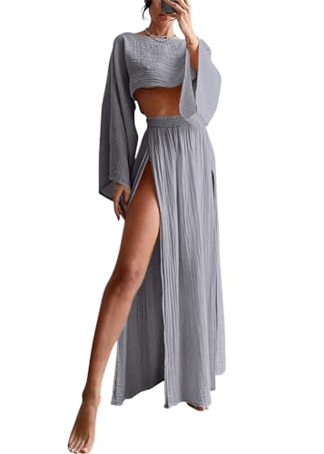shownicer Leinenanzug Damen Leinen Zweiteiler Outfit Lounge Set Langarm Oberteil und Lange Rock 2 Teiler Anzug Set Freizeitanzug Casual Strand Outfits A Grau M von shownicer