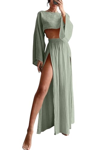 shownicer Leinenanzug Damen Leinen Zweiteiler Outfit Lounge Set Langarm Oberteil und Lange Rock 2 Teiler Anzug Set Freizeitanzug Casual Strand Outfits A Hellgrün L von shownicer