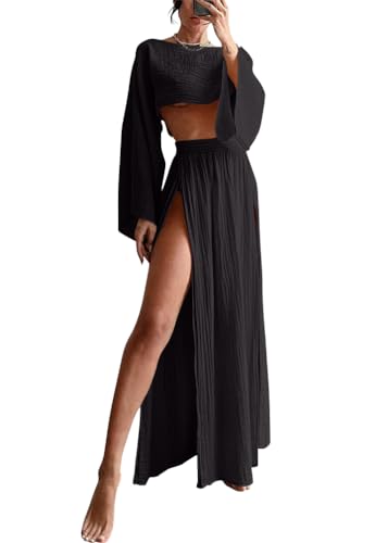 shownicer Leinenanzug Damen Leinen Zweiteiler Outfit Lounge Set Langarm Oberteil und Lange Rock 2 Teiler Anzug Set Freizeitanzug Casual Strand Outfits A Schwarz XL von shownicer