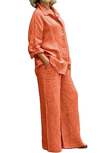 shownicer Leinenanzug Damen Sommer Leinen Zweiteiler Outfit Hose und Langarm Top 2 Teiler Anzug Set Freizeitanzug Casual Rundhals Einfarbig Hosenanzug A Orange L von shownicer